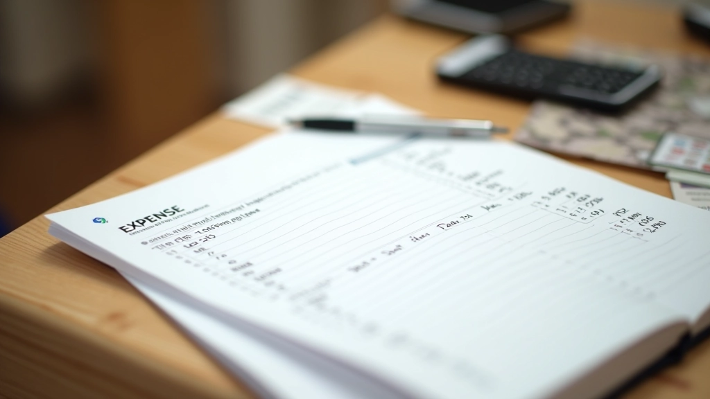 Close-up of expense tracking notebook with pen and calculator showing household budget categories and monthly totals