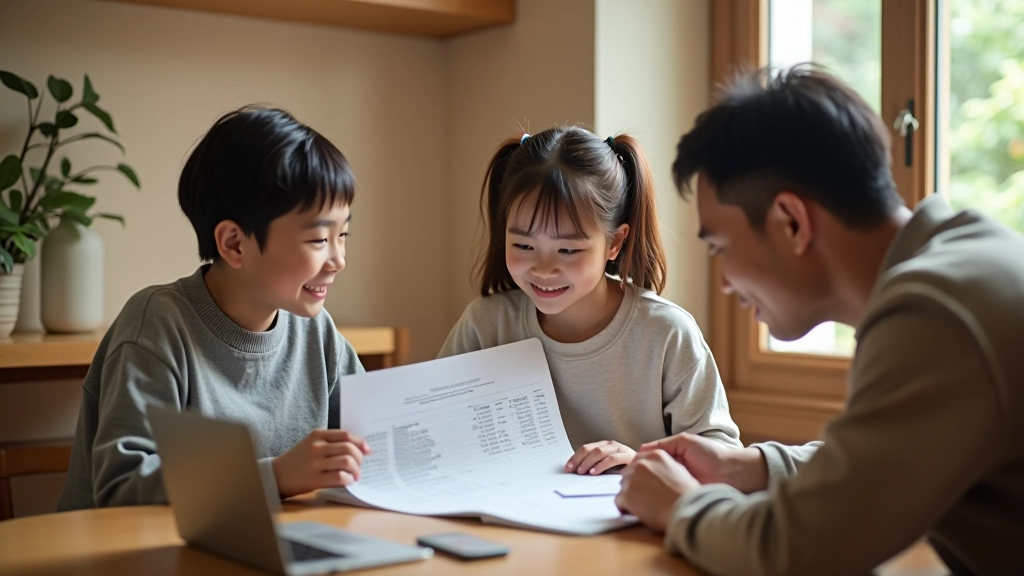 Family discussing finances at home, seated around table with documents and laptop showing budget spreadsheet