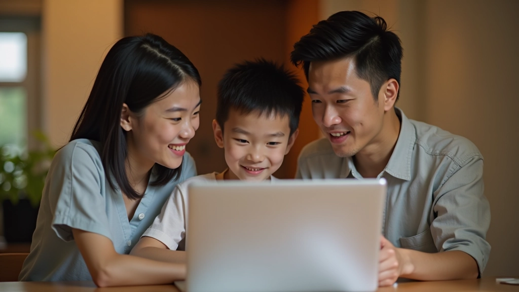 Family gathered around laptop reviewing financial documents and retirement planning spreadsheet together at home