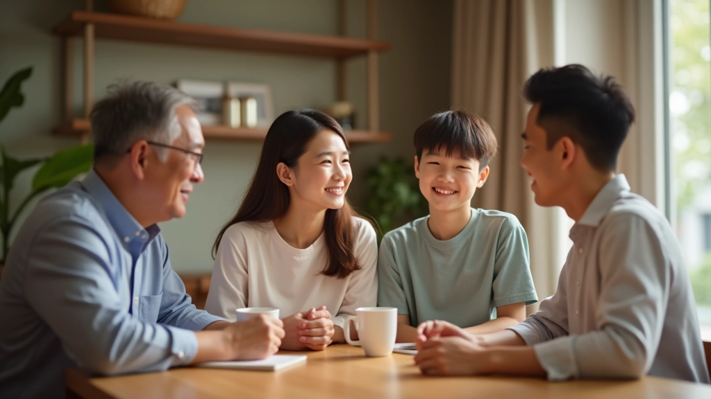 Family of three generations smiling together at dining table with financial planning documents and coffee cups
