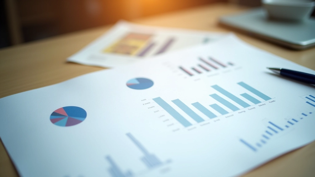 Investment portfolio documents with charts and graphs spread on desk with pen and coffee cup, financial planning workspace