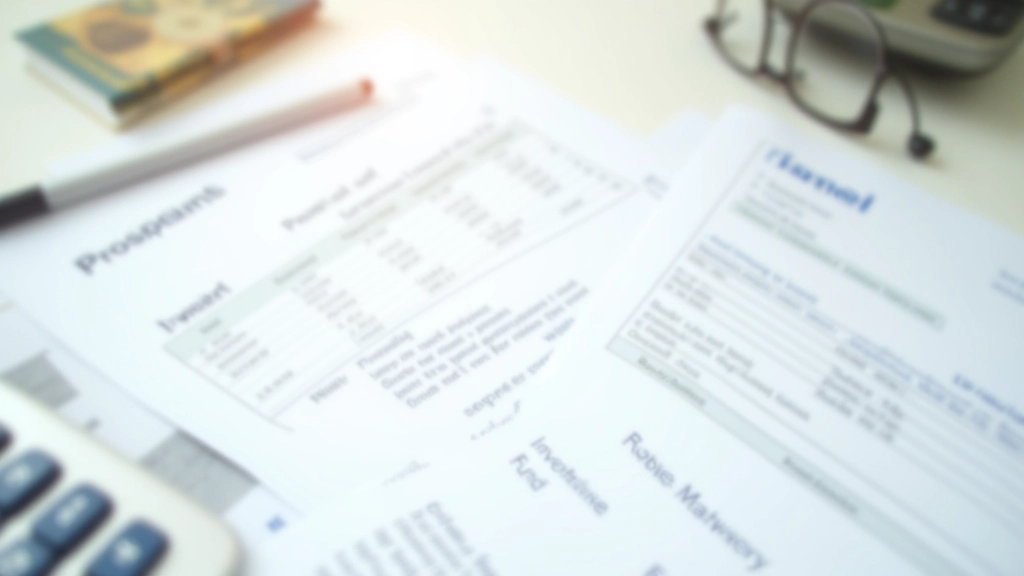 Investment fund portfolio brochures and documents spread on table with calculator and pen