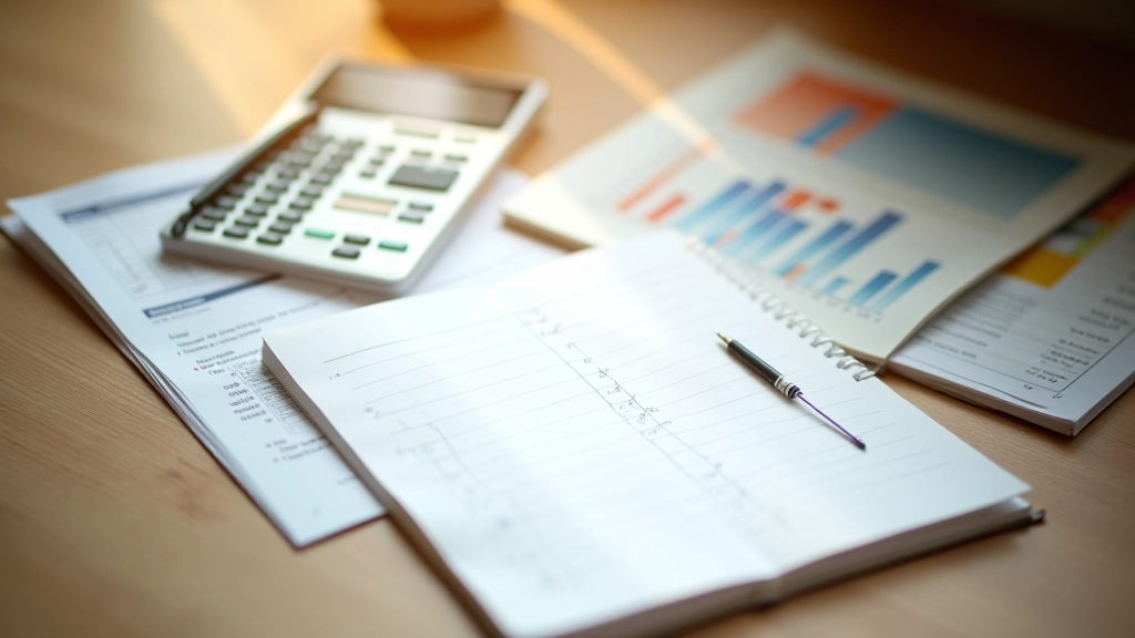Notebook with investment portfolio notes, pen, and calculator arranged on light wooden surface