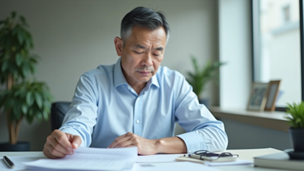 Professional photo of man in office environment reviewing pension documents at desk with calculator and notebook, natural lighting