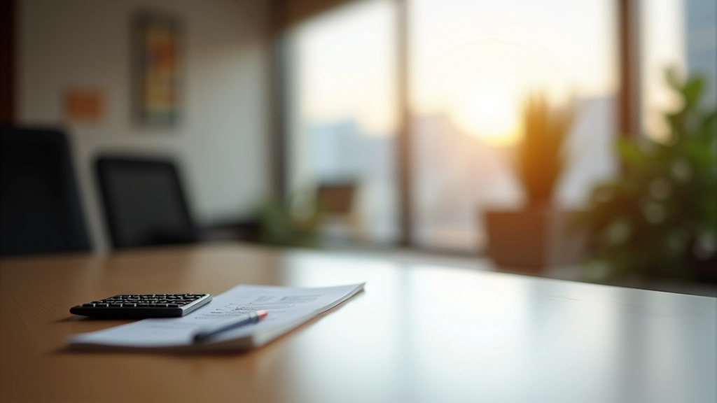 Modern financial planning workspace with calculator, documents, and laptop showing investment charts