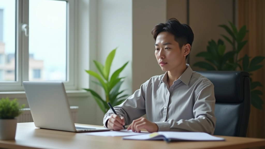 Person working on laptop at home office with notebook and coffee, focused on financial planning task with morning light