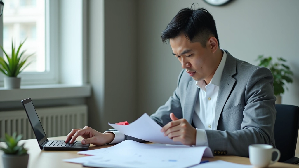 Person reviewing financial spreadsheet with calculator and documents on wooden desk, organized workspace with morning light