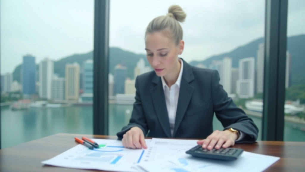 Professional woman in business attire reviewing financial documents at office desk with calculator and charts